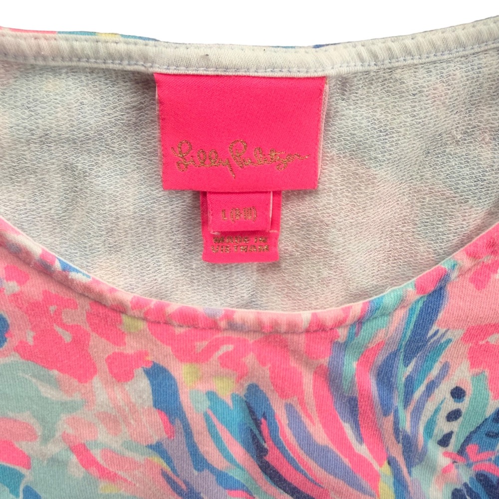 Lilly Pulitzer Girls Pink Blue Floral French Terry Bell Sleeve Dress Size L 12 - Picture 3 of 5